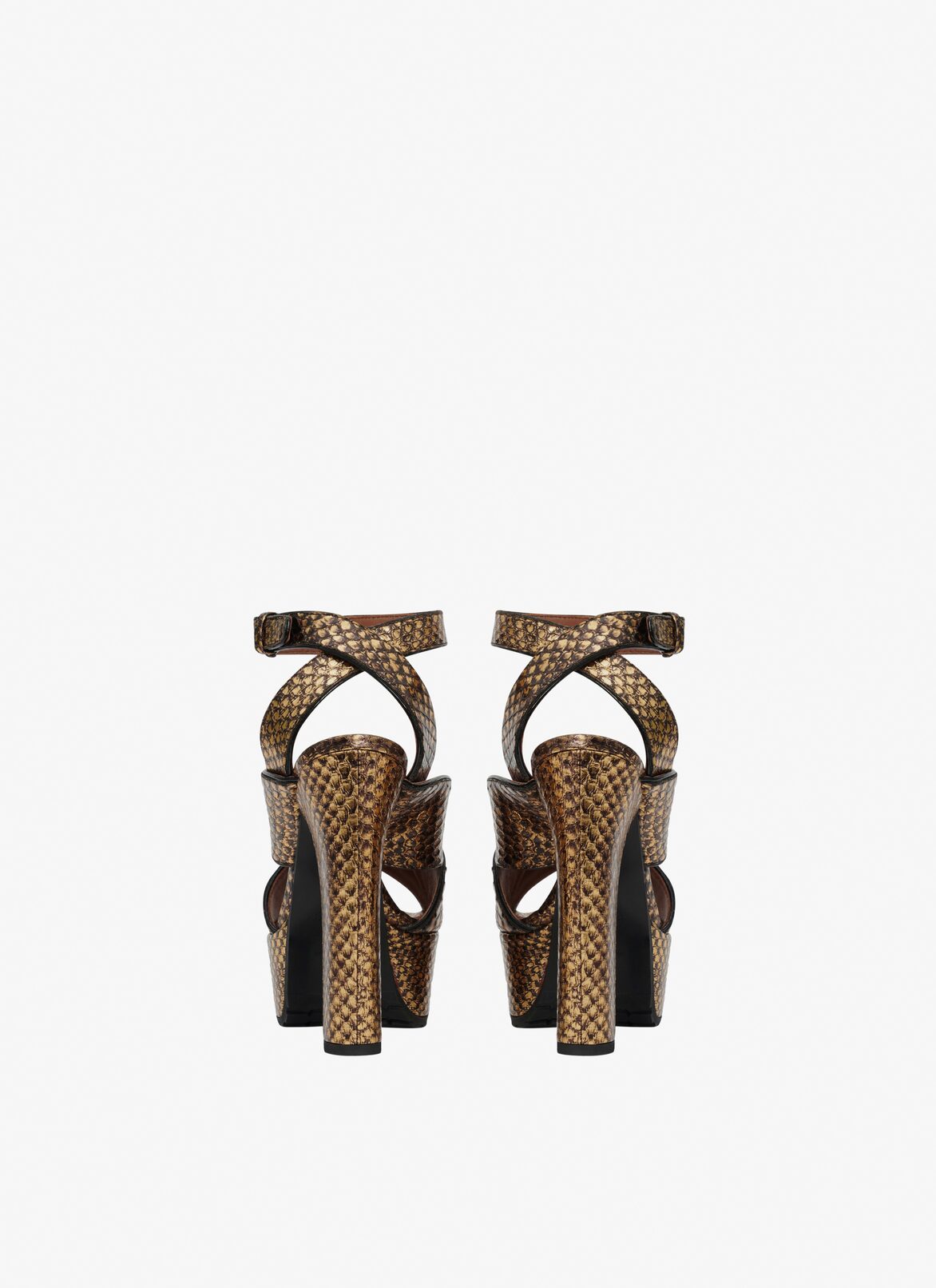 Block heel plateform sandals in elaphe ALAÏA GOLD BLOCK HEEL PLATEFORM SANDALS IN ELAPHE